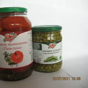 Горошек зелёный консервированный,  томаты 